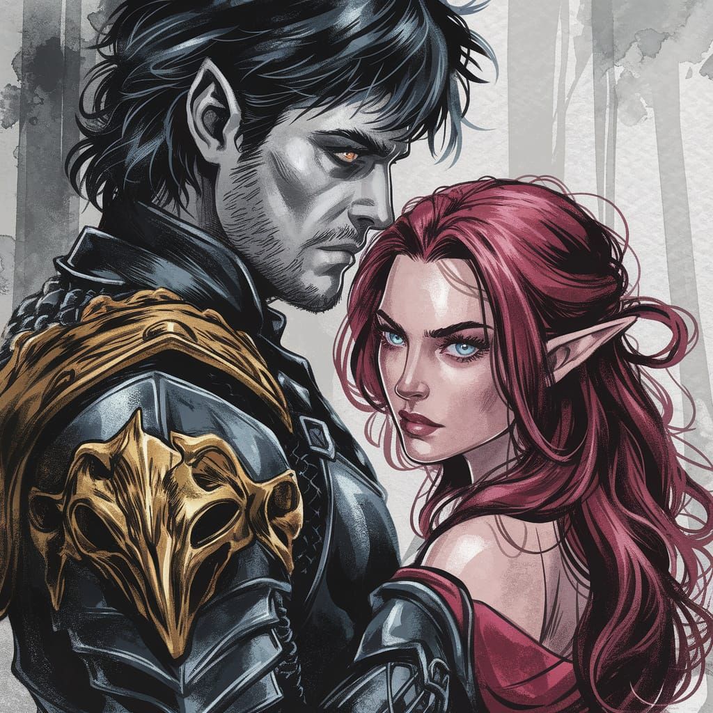 Dark Knight Protects Enigmatic Elven Woman in Dreamlike Land...