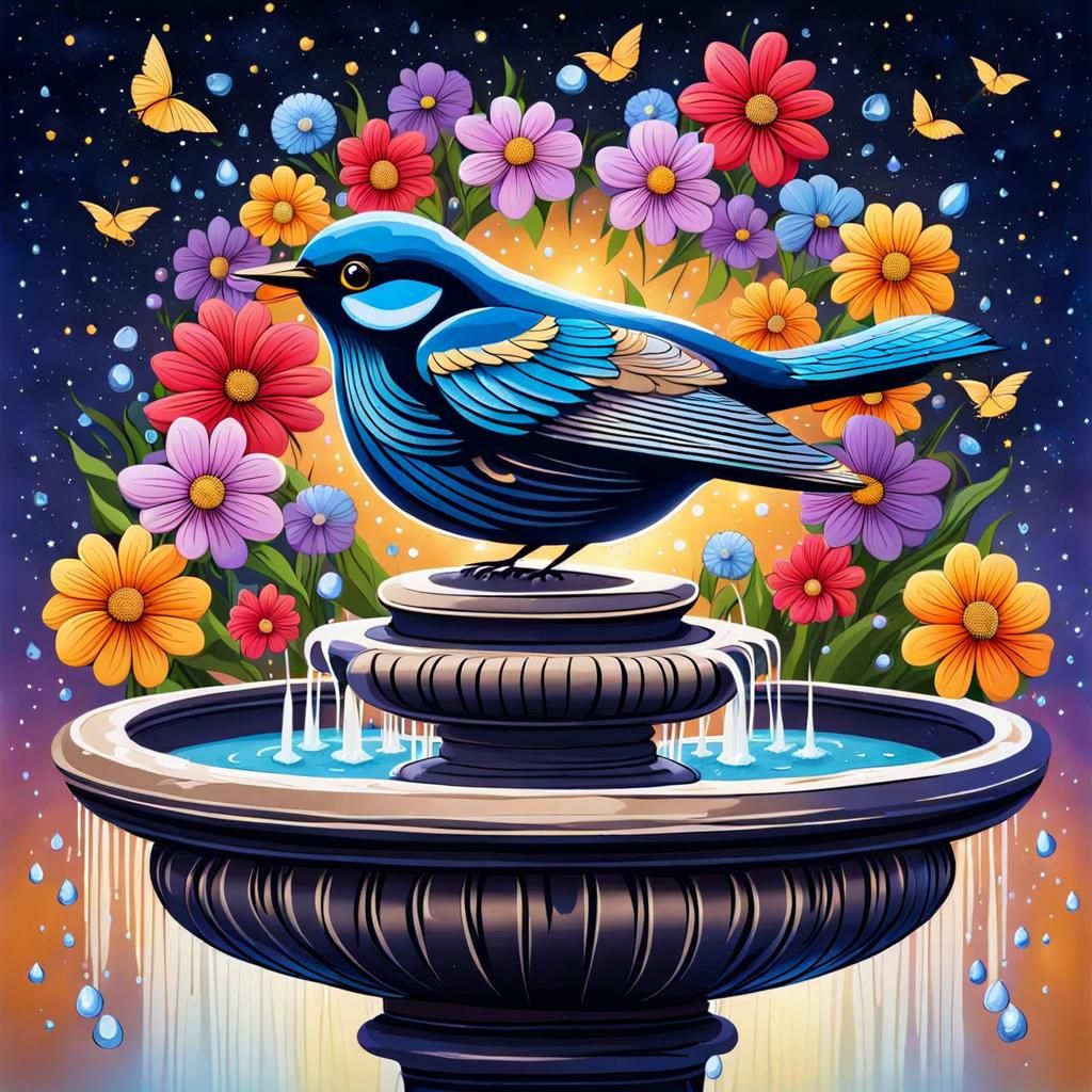 Colorful Bird on Fountain Under Starry Sky