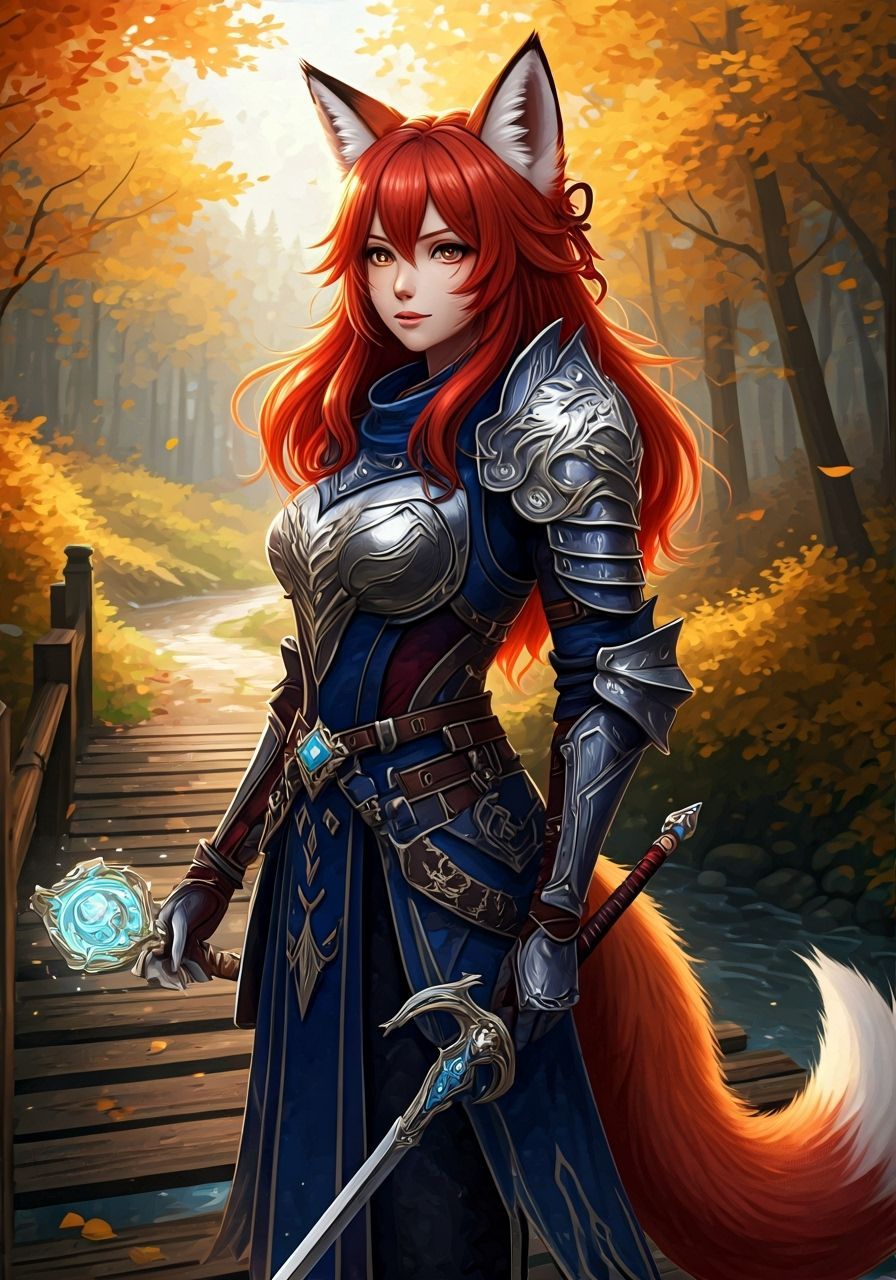 Kitsune Knight in Blue Armor with Rapier and Staff