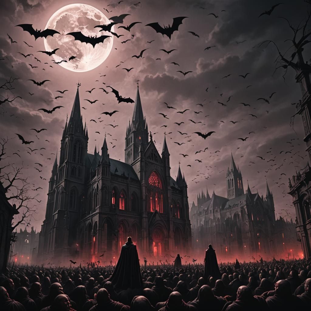 Vampire in Gothic Cathedral with Bats, Dark Fantasy Art