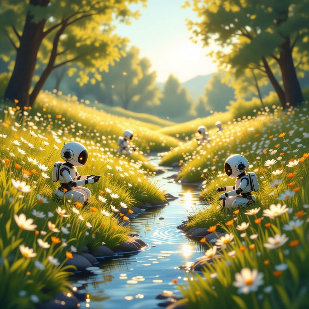 Cozy Meadow with Glowing Flowers and Automaton Gardeners