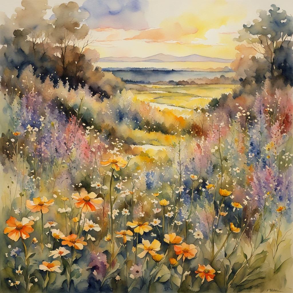Wildflower Landscape in Watercolor Style