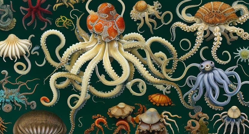 Detailed Illustration of Sea Life and Symmetrical Animals