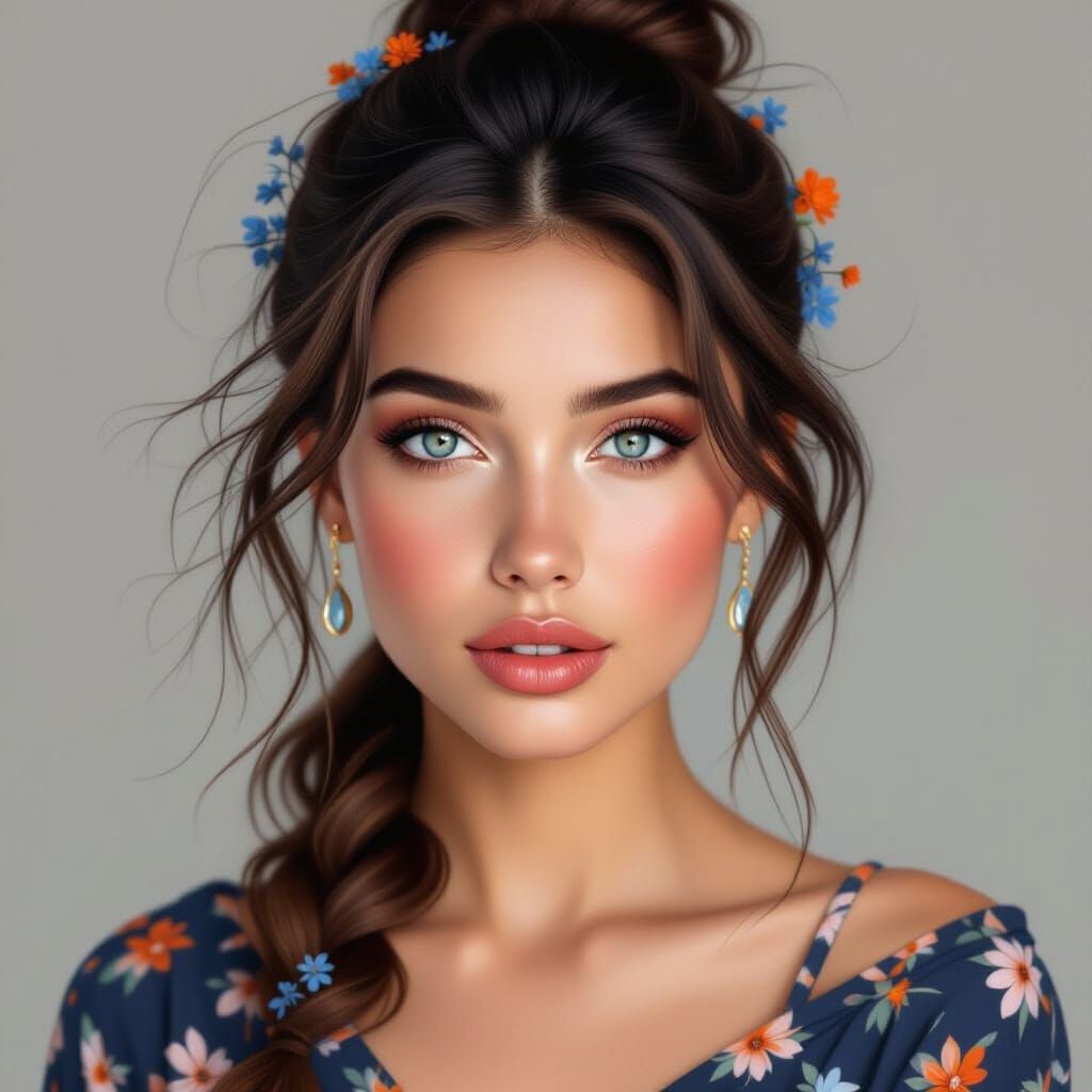Hyper-Realistic Portrait of a Young Woman with Floral Accent...