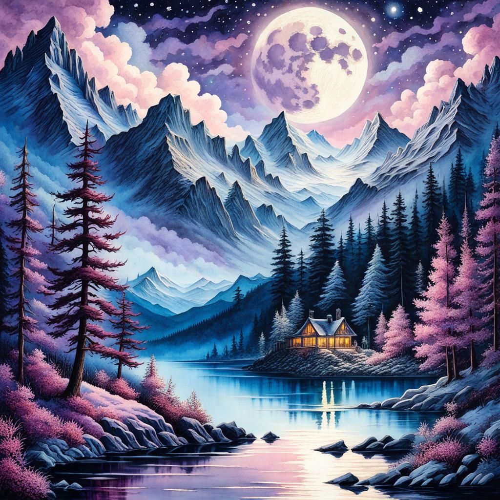Watercolor Mountains, Lake, and Moon with Stars
