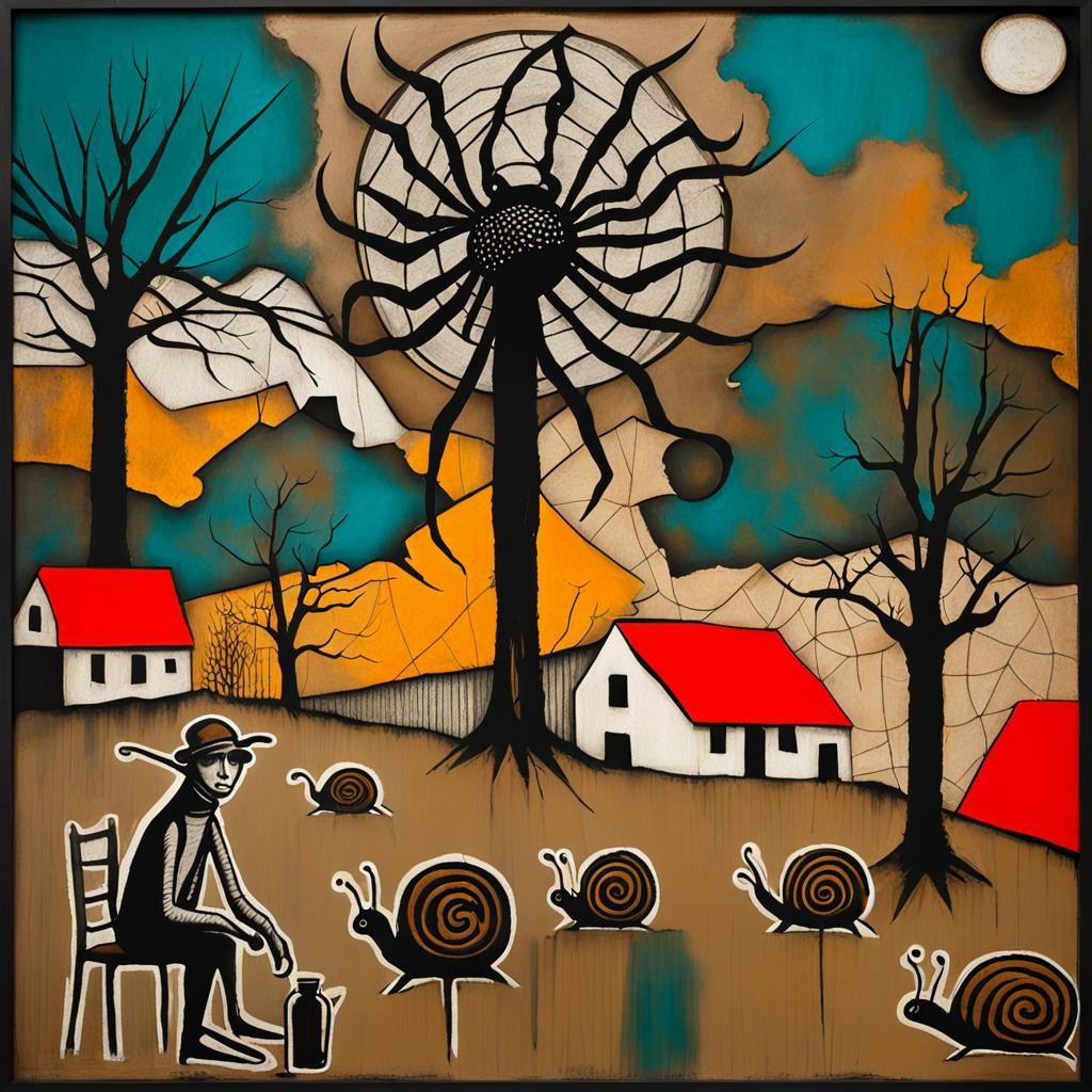 Surreal Snail and Spider Scene in Art Brut Style
