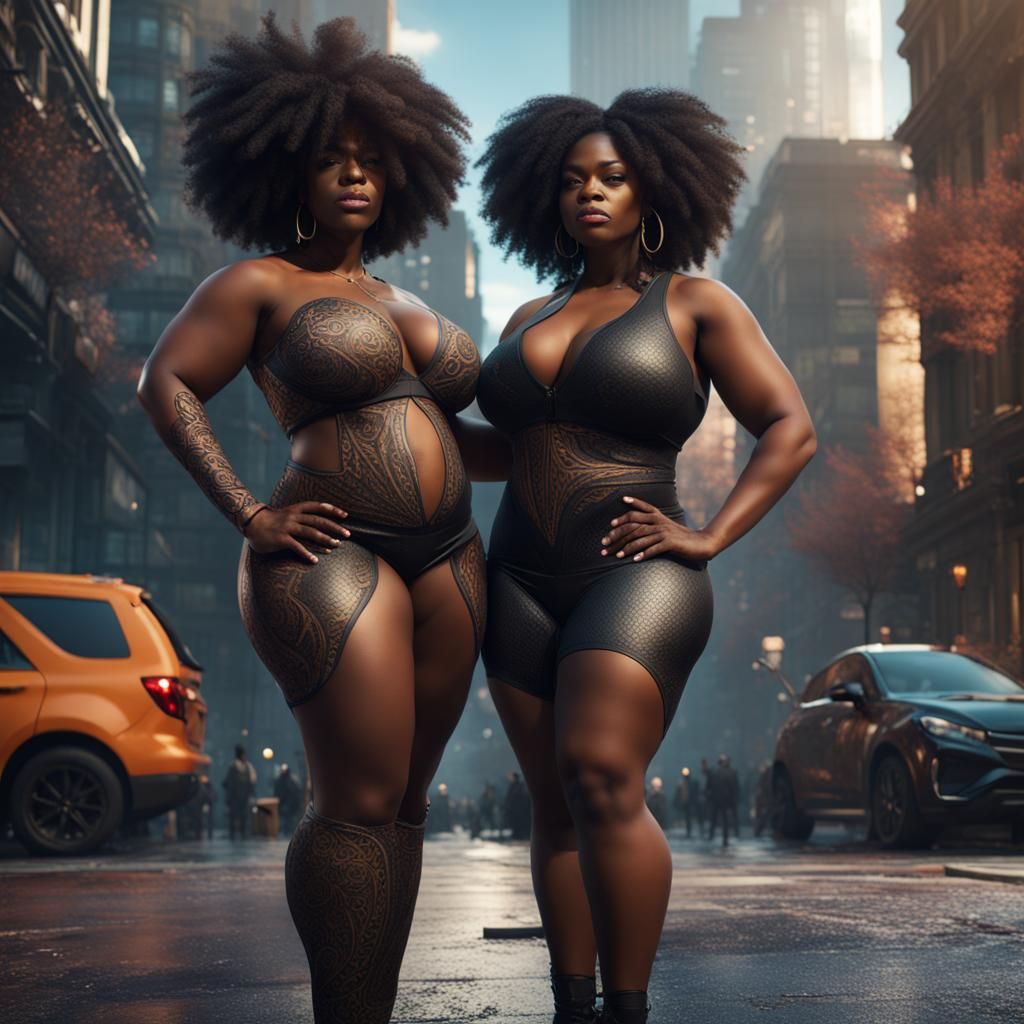 Detailed Cityscape with Two Women: Fantasy Art