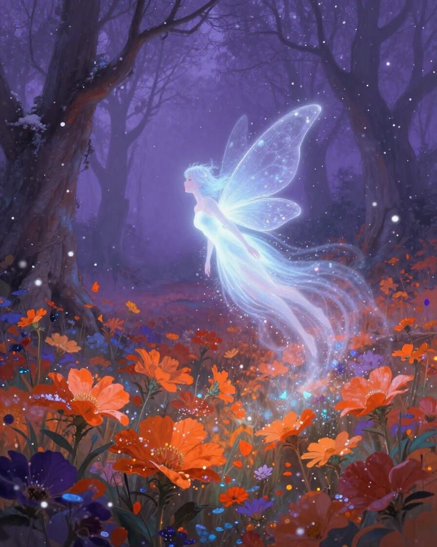 Ethereal Fairy in Snowstorm Over Autumn Flowers
