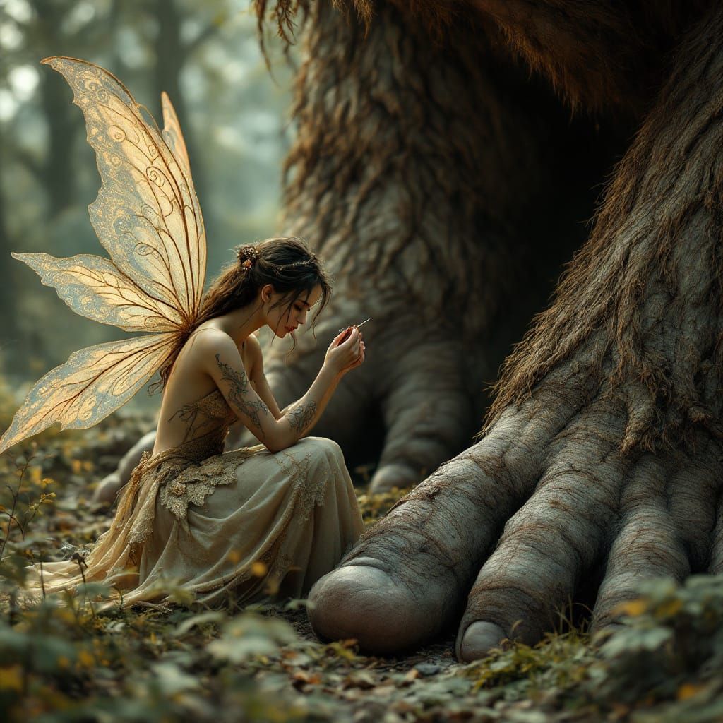 Fairy chatting up a giant
