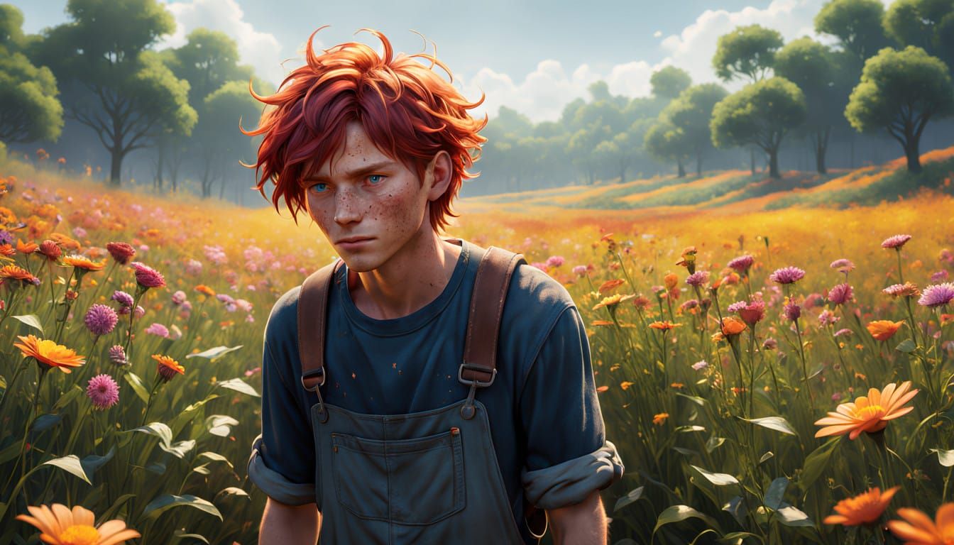 Boy Lost in Thought Amid Vibrant Floral Field
