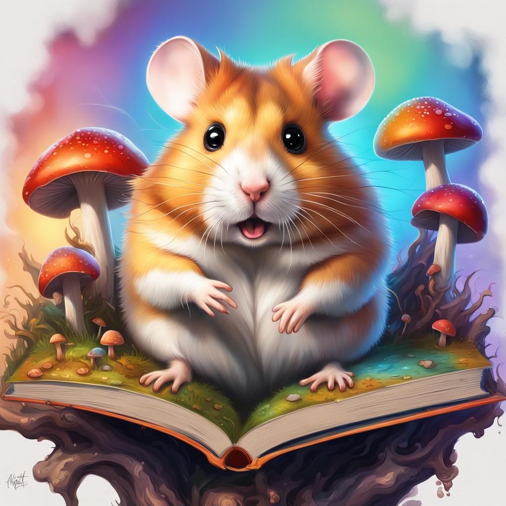Hamster Immersed in Magical Book, Hyperrealistic Art