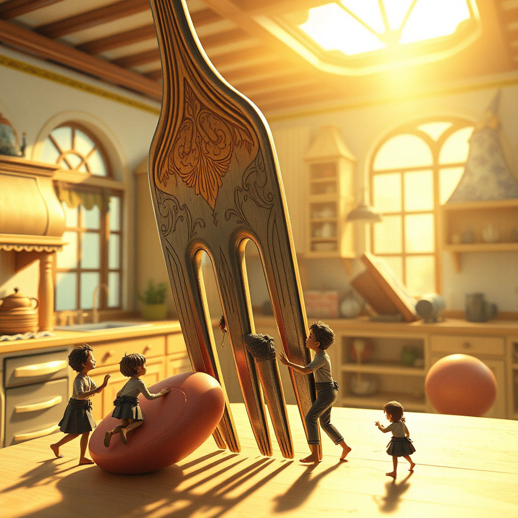 Tiny People Versus Giant Fork: Whimsical Kitchen Scene
