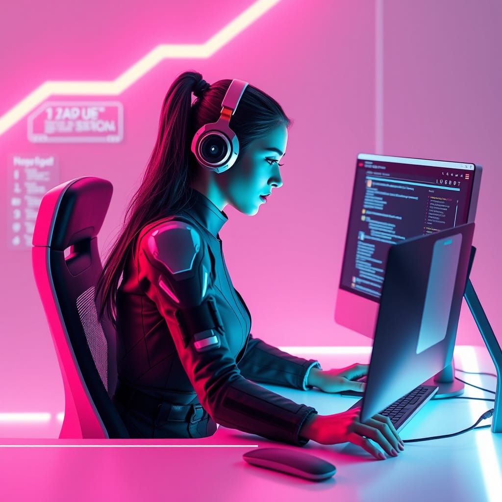 Futuristic Coder Integrates AI Chatbots in Neon Style