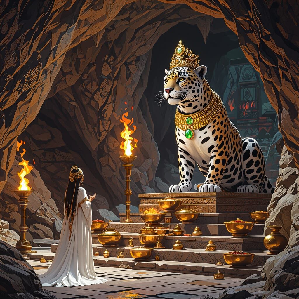 Jaguar Priestess in Ancient Temple, Fantasy Art