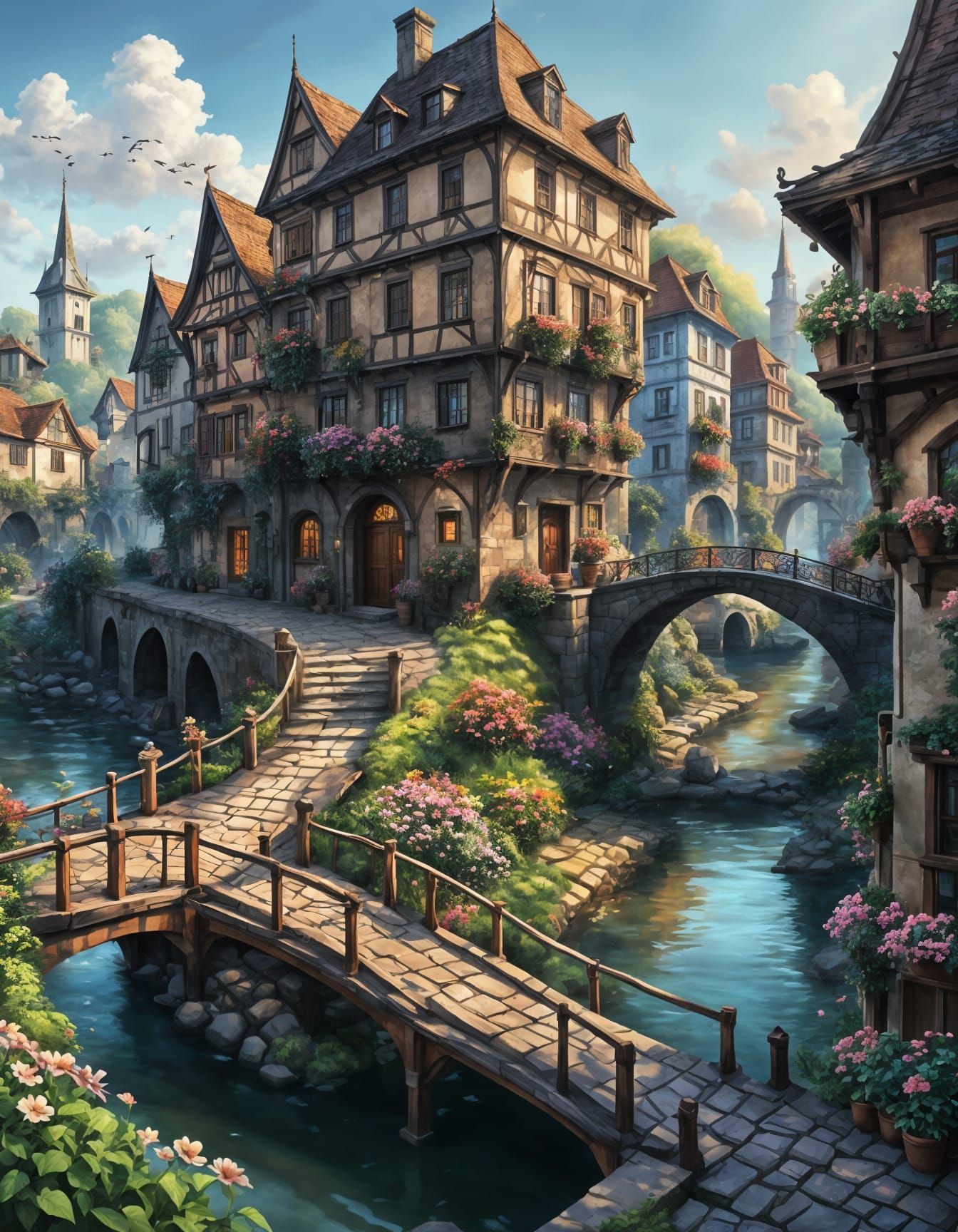 Picturesque Riverside Town with Flowery Alleys and Brown Bri...