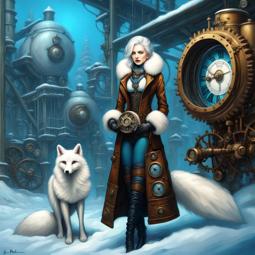 Steampunk Winter Woman with Fox: Maximalist Masterpiece