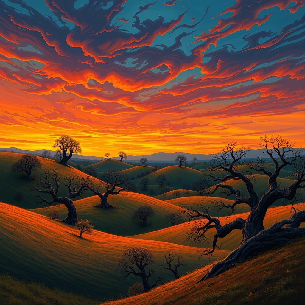 Fantastical Dusk Landscape with Gnarled Trees in Art Nouveau...