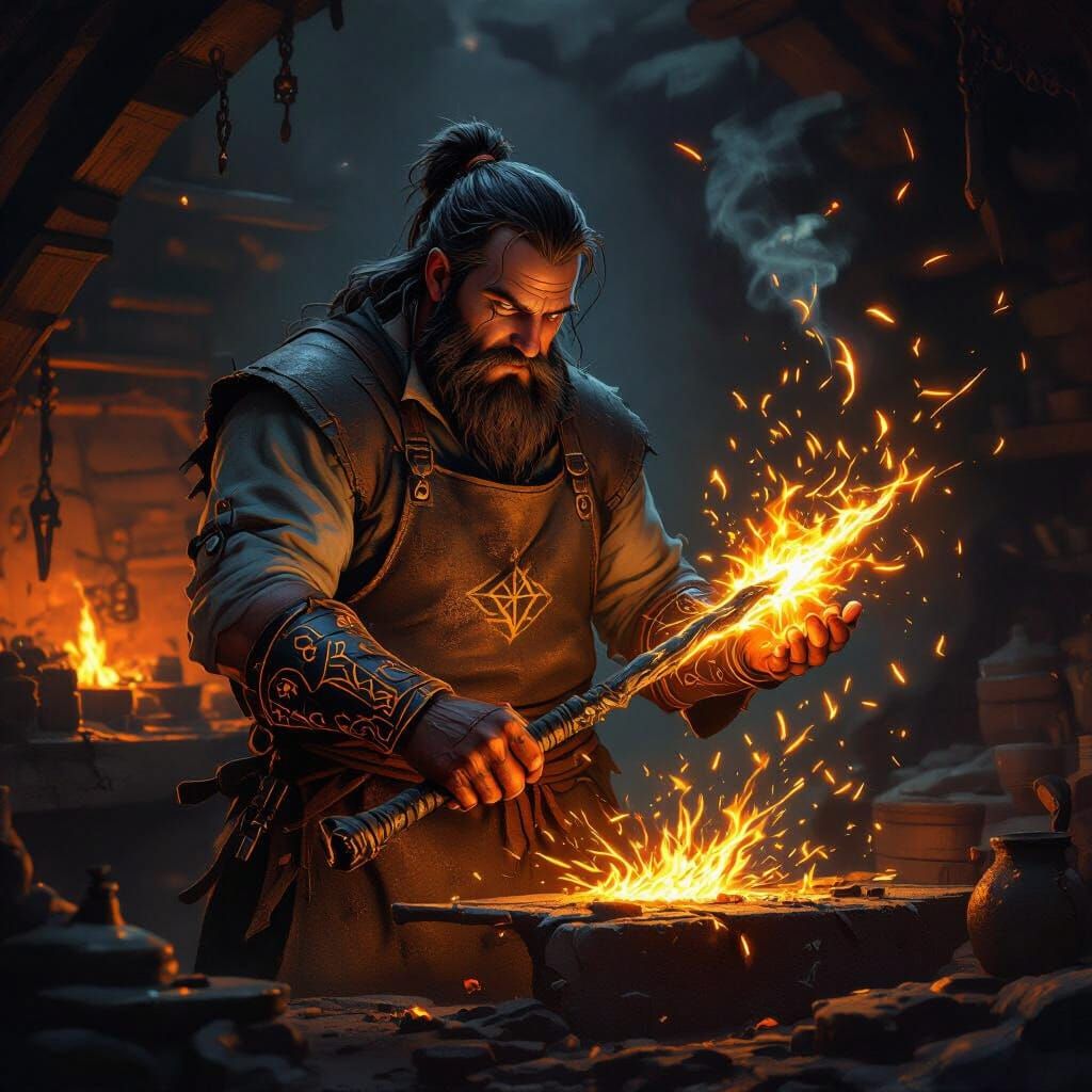 Blacksmith Sorcerer Forges Glowing Magic Staff