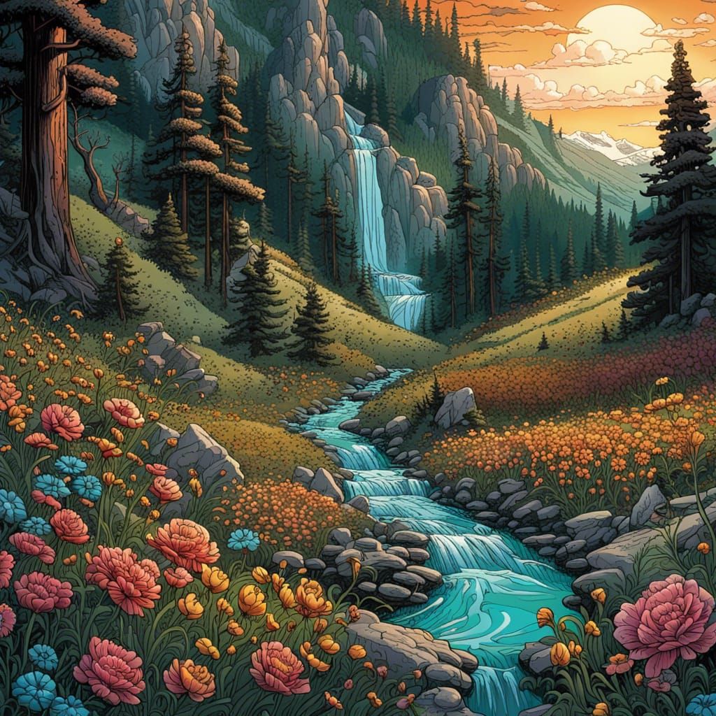 Gothic Fantasy: Sunlit Valley with Mountain Flowers