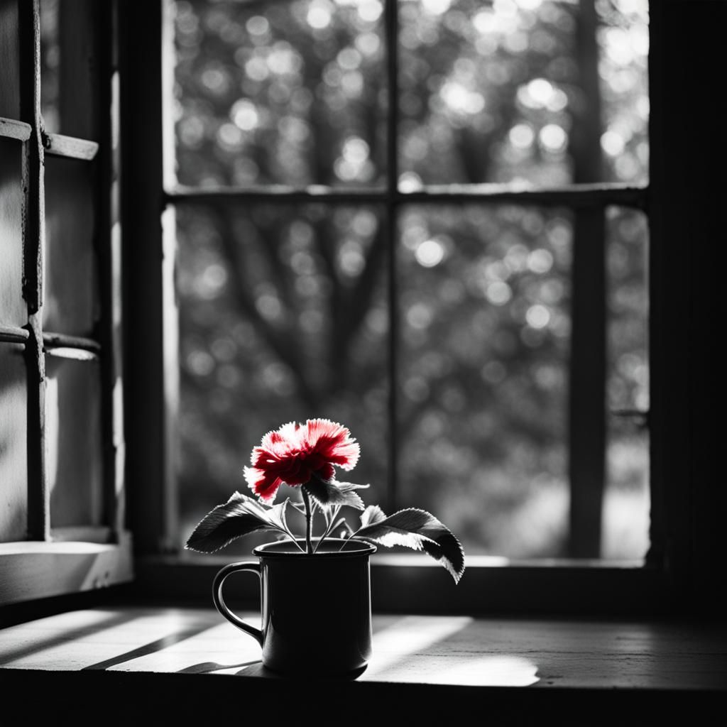 Red Carnation in Enamel Mug: Pinhole Photography