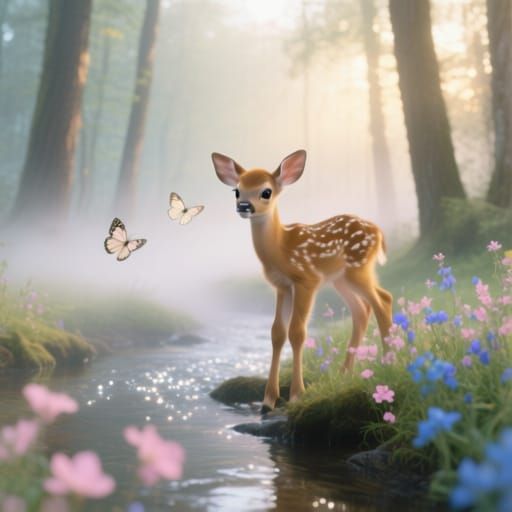 Enchanting Forest Dawn: Fawn Beside Sparkling Stream