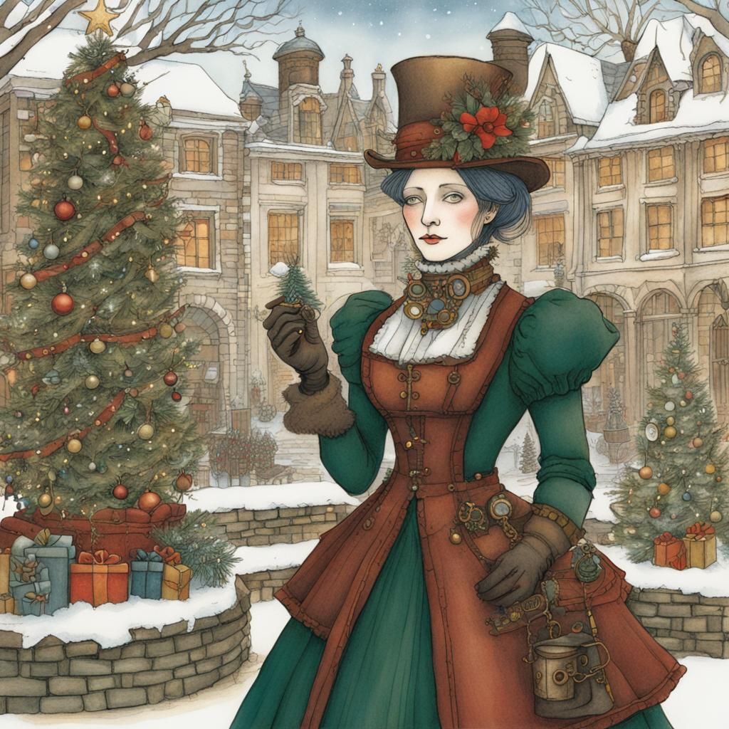 Steampunk Lady in Christmas Garden Illustration