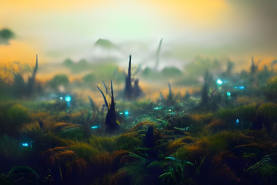 Swampland Night Scene with Will-o'-the-Wisps