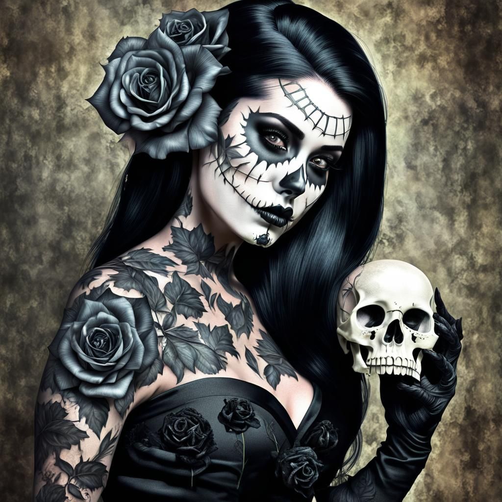 Gothic pinup girl with skull face 💀 ☠