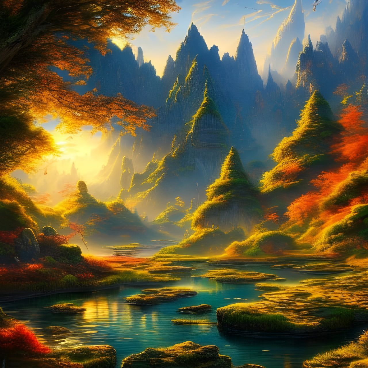 Fantasycore River Rapids Swamp Landscape Painting