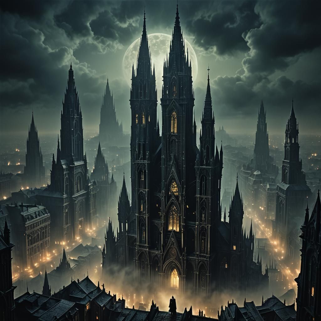 Dark Gothic Metropolis Nighttime: 3D Art