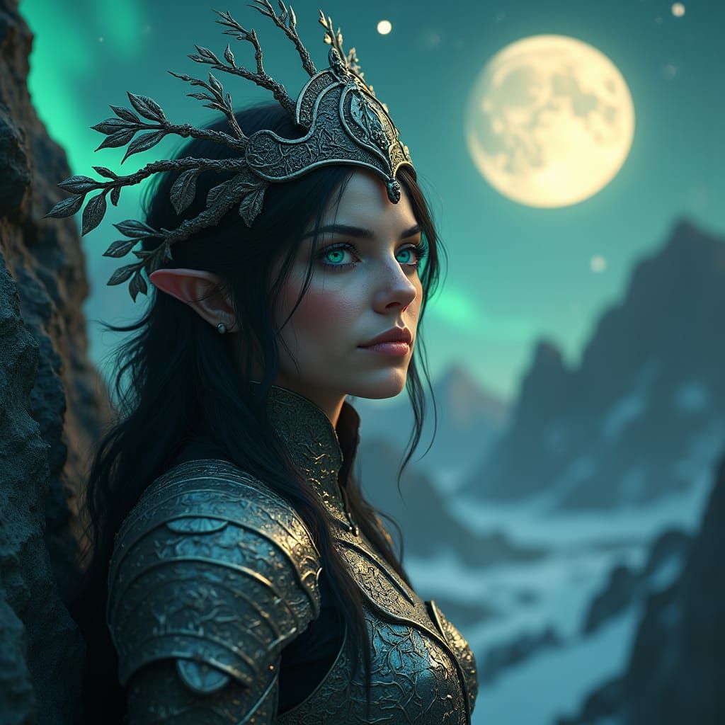 Woman in Tree Armor on Cliff in Dystopian Futurism