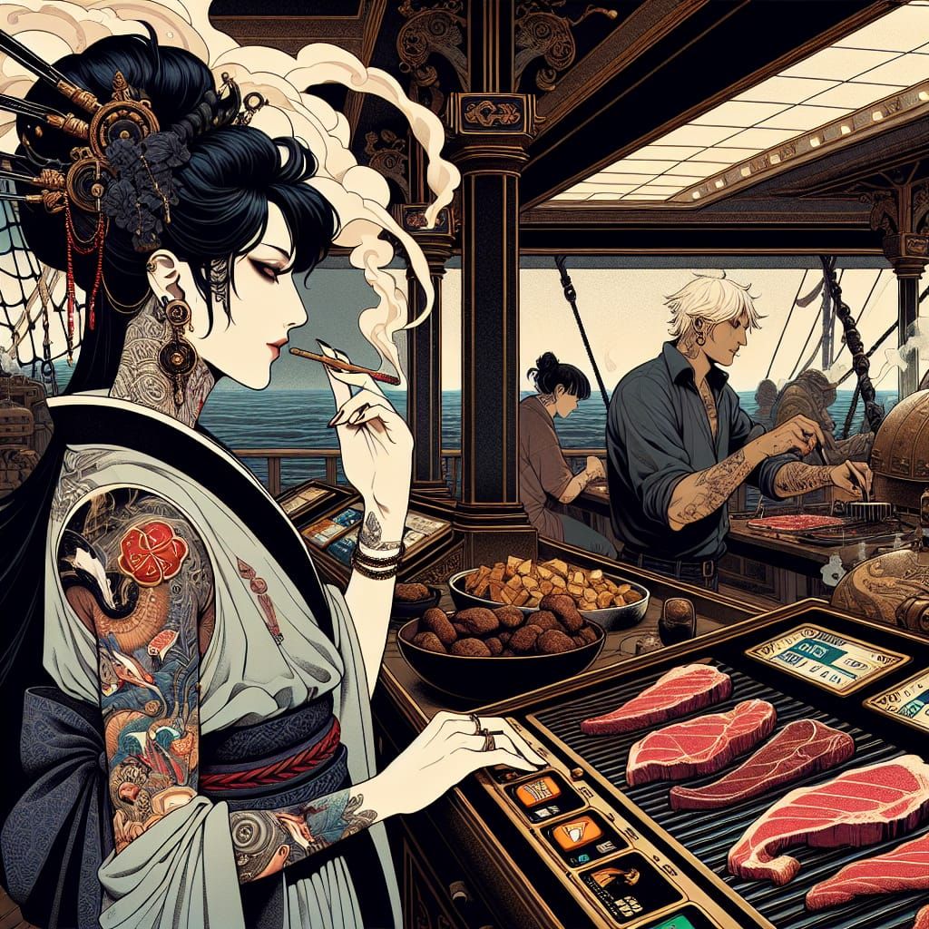 Japanese Print of Woman Gambling on Ship