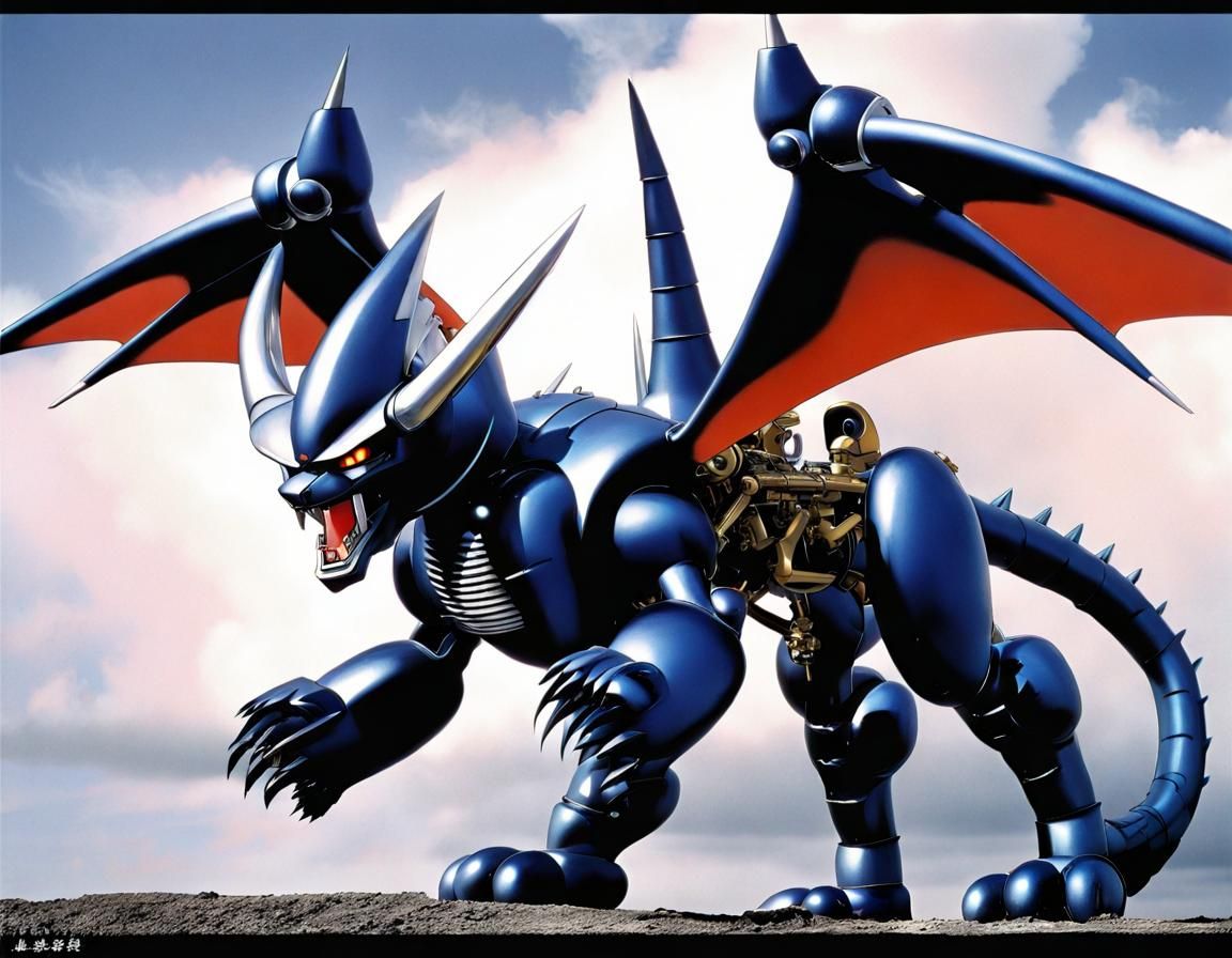 Apocalyptic Mechanical Dragon-Cat Kaiju in Anime Style