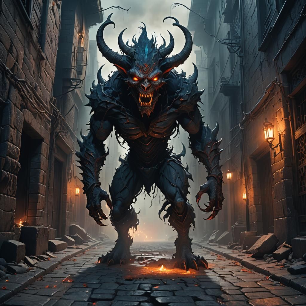 Grotesque Demon in Dark Alleyway: Dark Fantasy Art