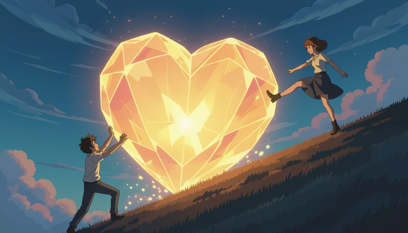 Man Pushes Crystal Heart Uphill in Allegorical Painting