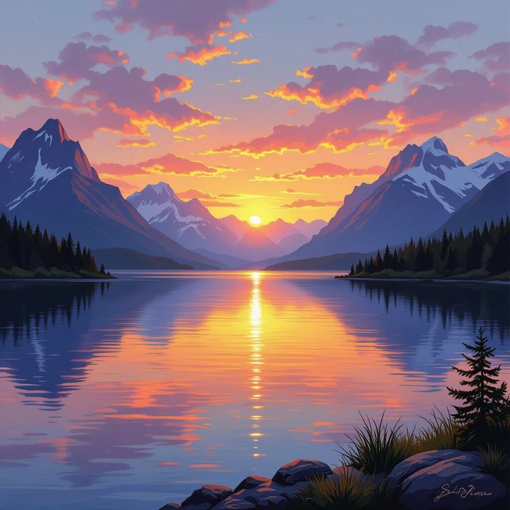 Majestic Mountains Reflected in Serene Lake at Sunset