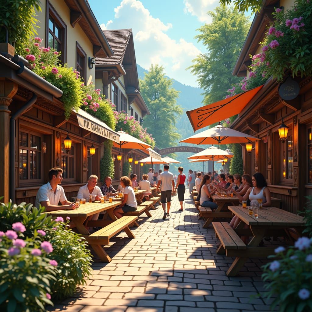 Bavarian Beergarden Scene in Summer, Digital Art