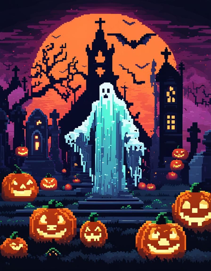 Pixel Art Ghost in Spooky Graveyard