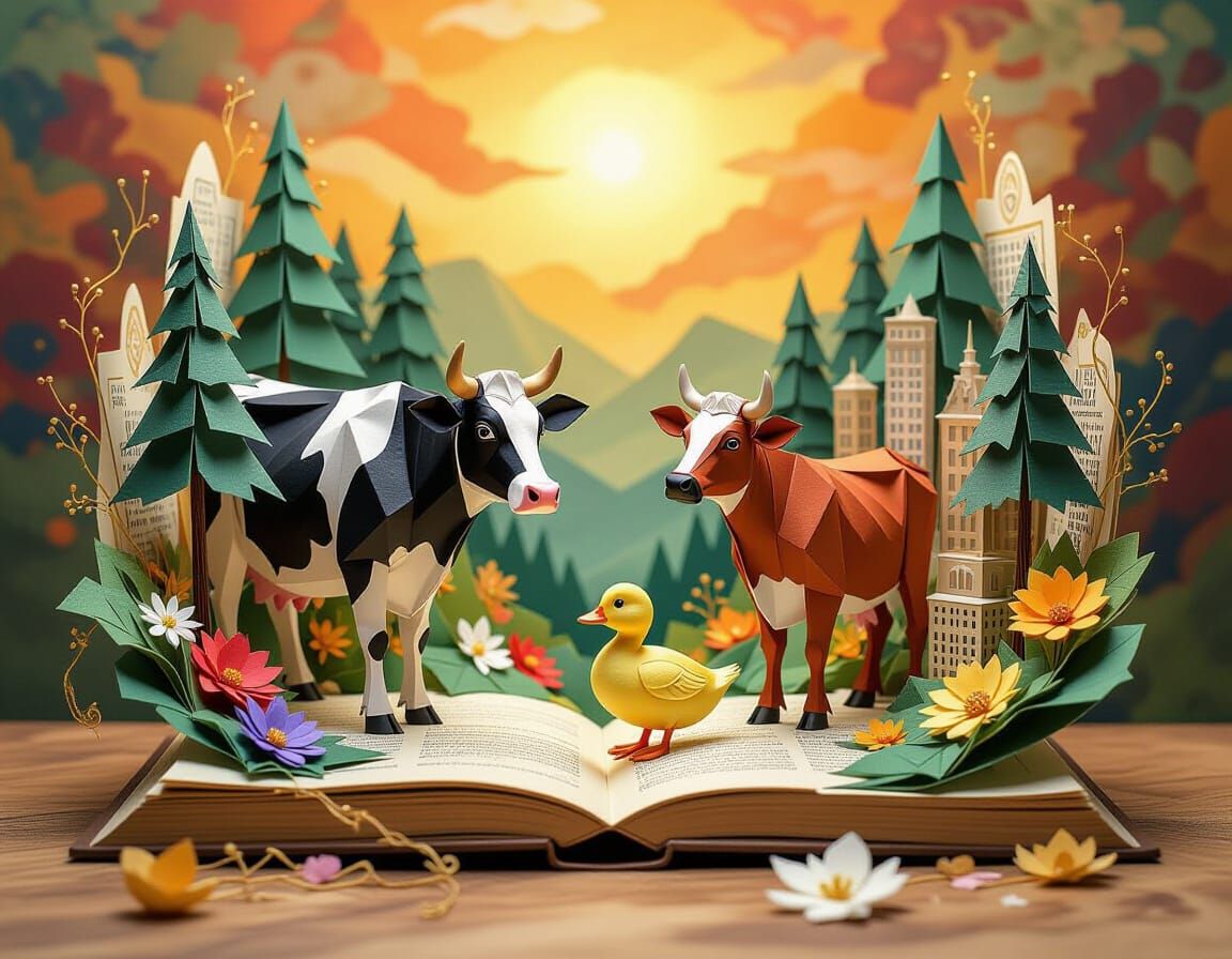 Whimsical Paper World: Cow and Duckling in Origami Forest