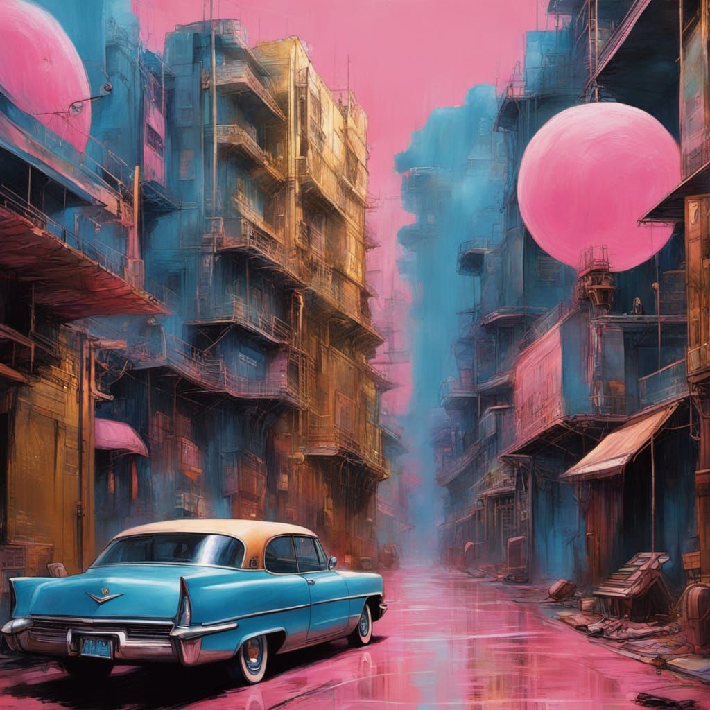 Surreal Pink Cadillac in Cyberpunk Cityscape