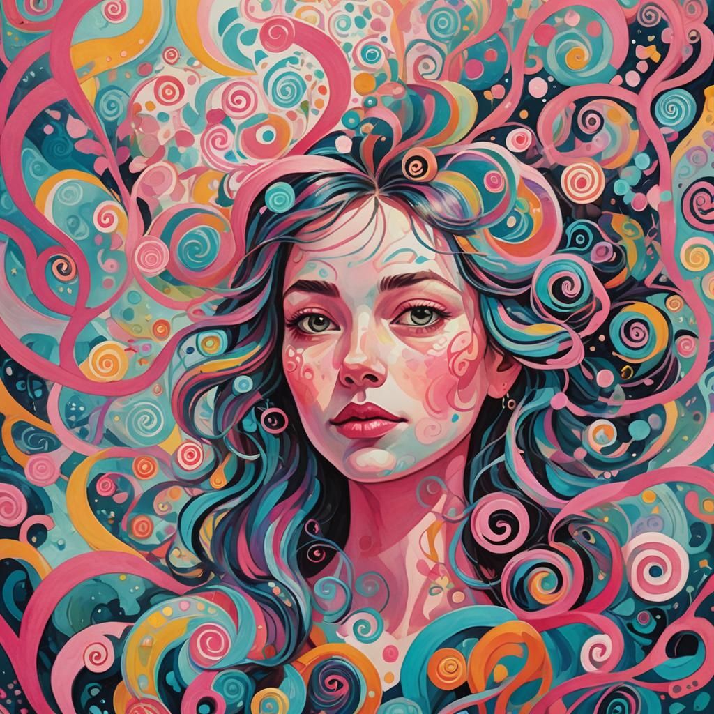 Whimsical Portrait in Dreamlike Gouache Illustration