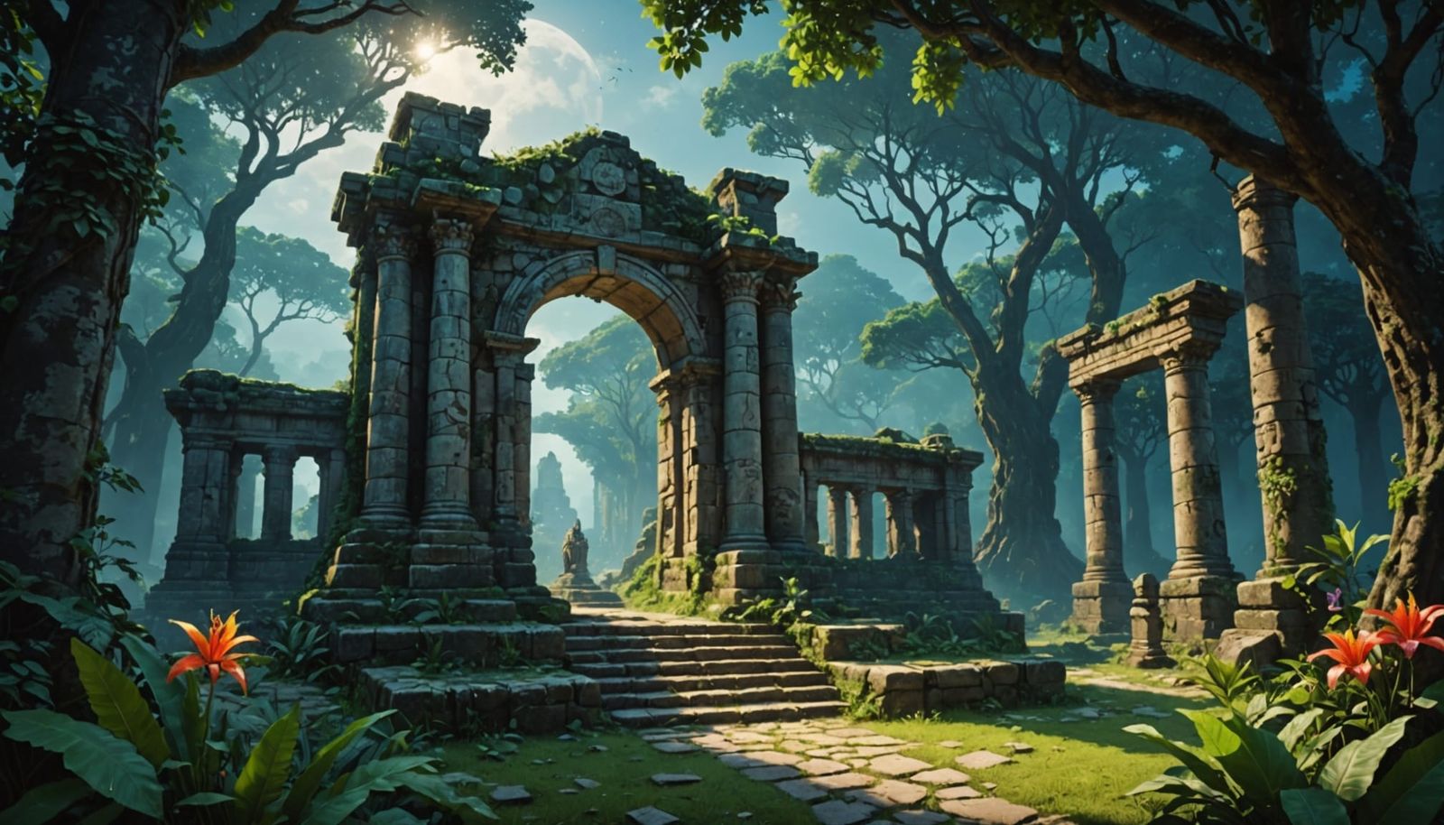 Mystical Jungle Ruins with Stone Guardians