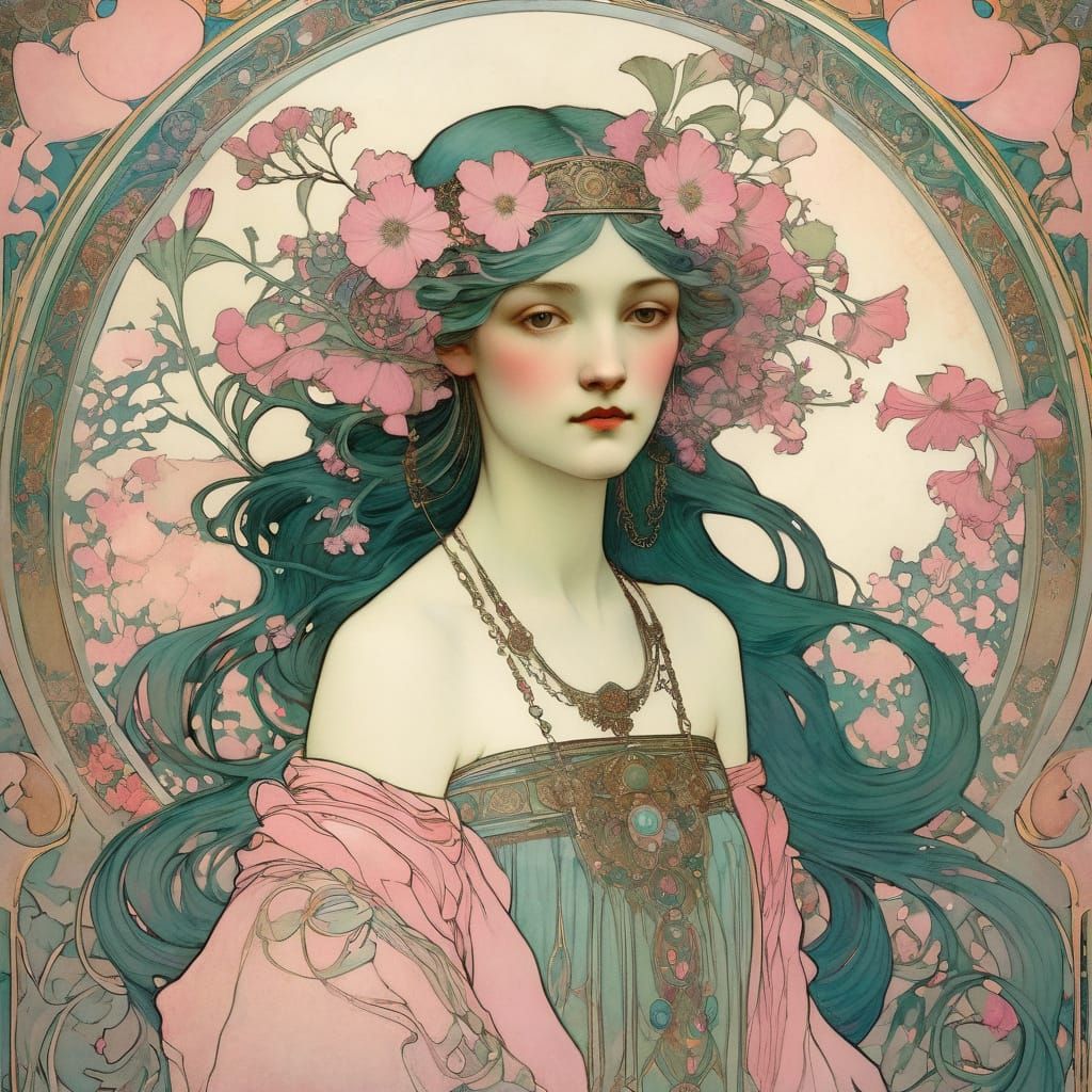 Pink Wildflowers in Art Nouveau Style