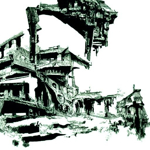 Abandoned mining town ink drawing