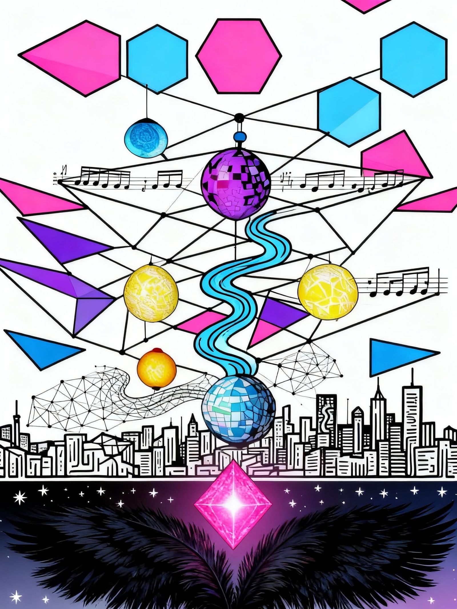 Abstract Geometric Cityscape with Musical Notes in Graphic A...
