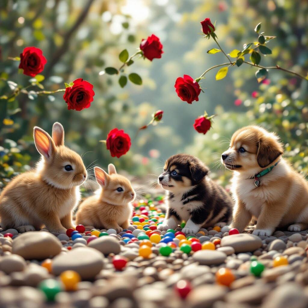 Cinematic Film Still of Rolling Roses and Playful Animals