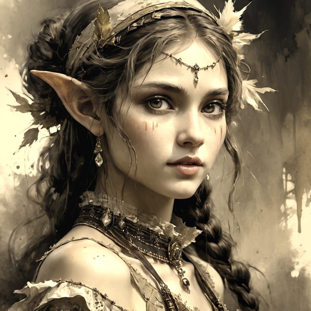 Romantic 1900s Elf Portrait in Sepia Watercolor