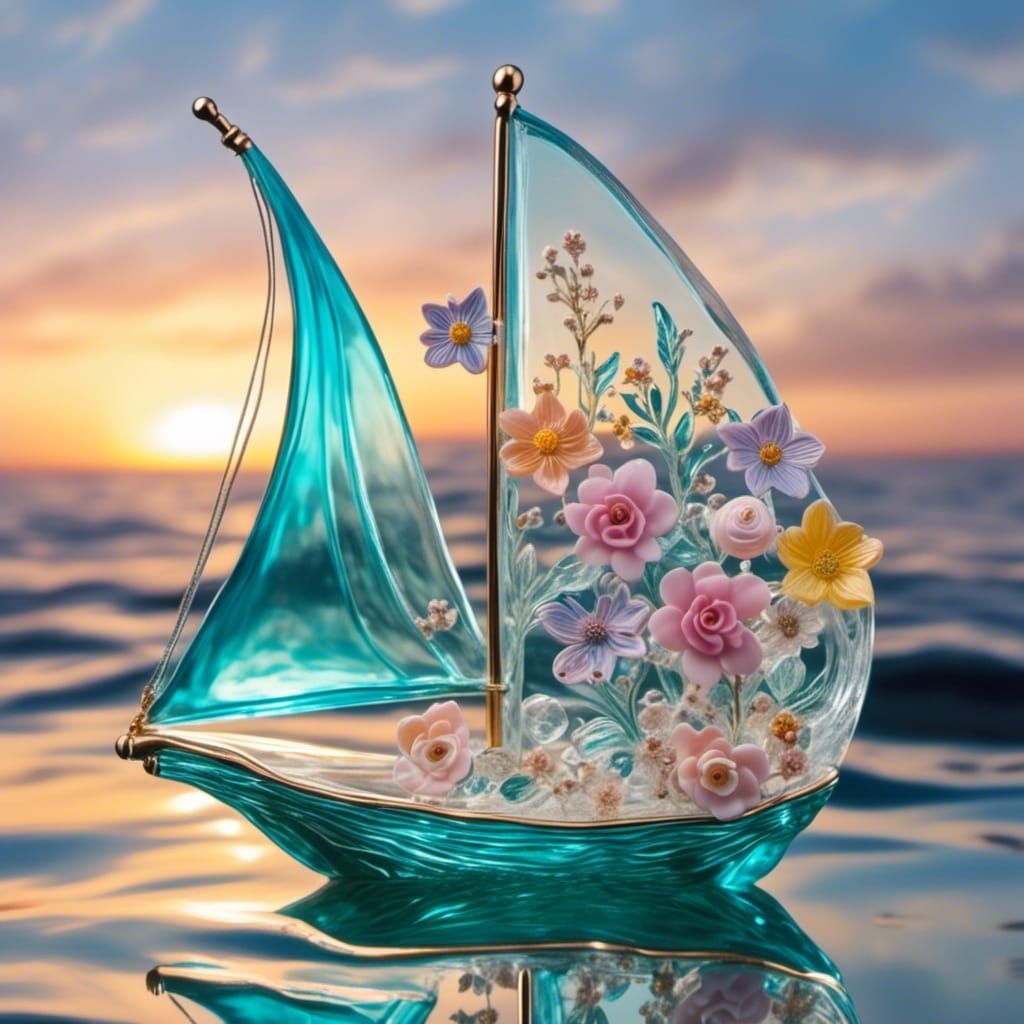Translucent Sailboat with Pastel Flowers on Glass Waves