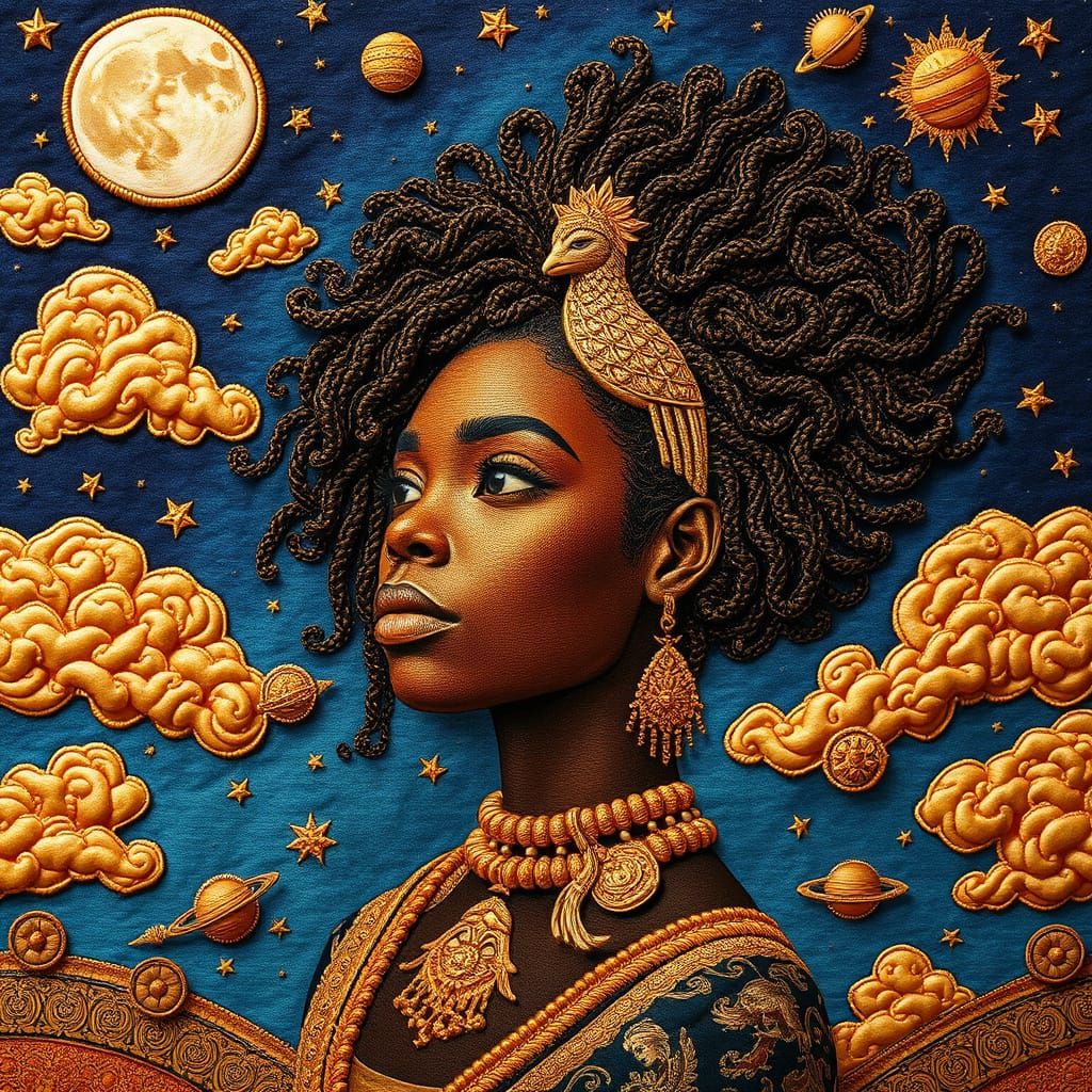 Intricate and richly detailed embroidered surreal black woman clouds moon stars sun planets, embroidered threads and sti...