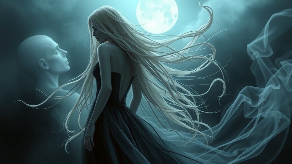 Ethereal Wraith Woman Emerging from Moonlit Mists in Dark Ro...